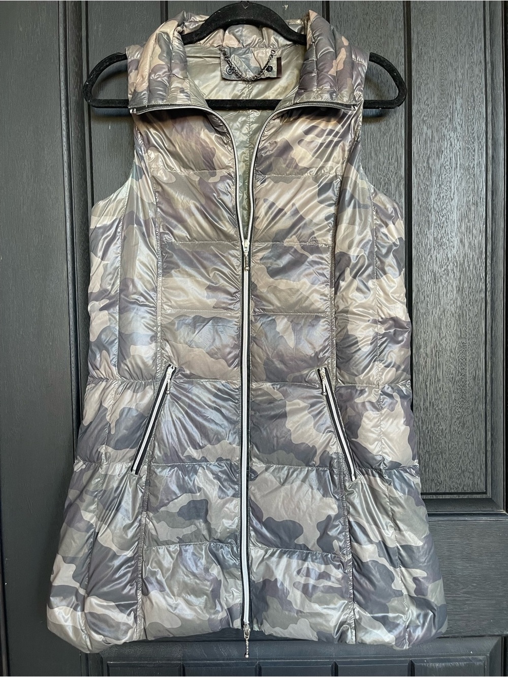 My Anorak Long Quilted Down Puffer Vest Gray Camo Small Gorpcore